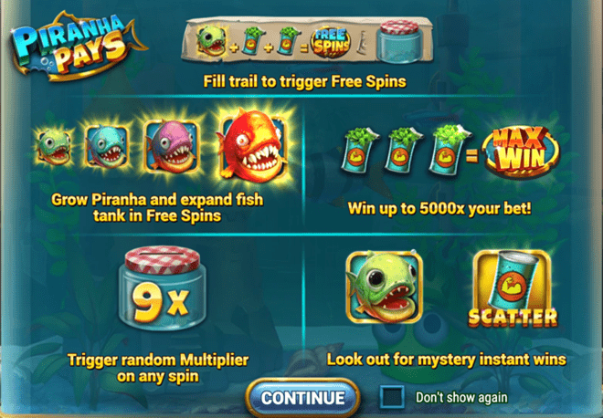 Piranha Paysはペットのピラニアと、興味深いゲームシステムが合わさった非常にユニークなスロットゲーム。今すぐ7SPINでプレイ！ 会員登録で入金不要$25をプレゼント！